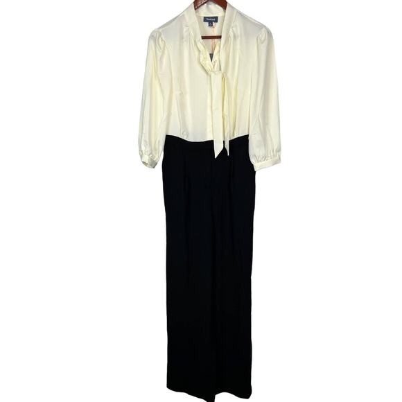 Modcloth Pretty Polished Twofer Jumpsuit Tie 3/4 Sleeve Wide Leg Black Ivory S - Picture 2 of 7